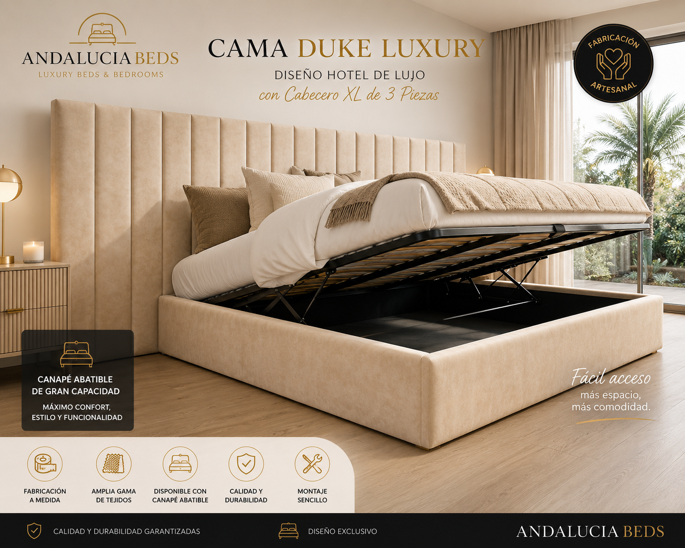 Cama Duke Luxury  Diseño Hotel de Lujo con Cabecero XL de 3 Piezas