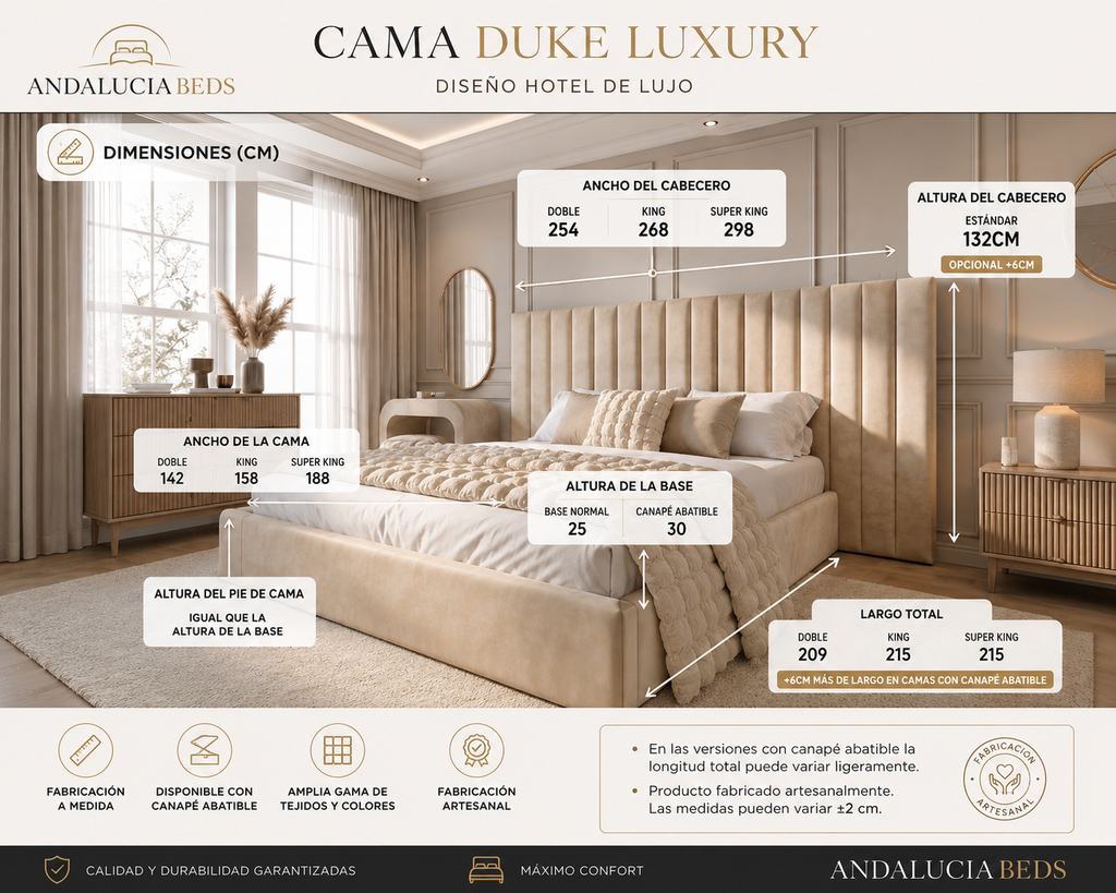 Cama Duke Luxury  Diseño Hotel de Lujo con Cabecero XL de 3 Piezas