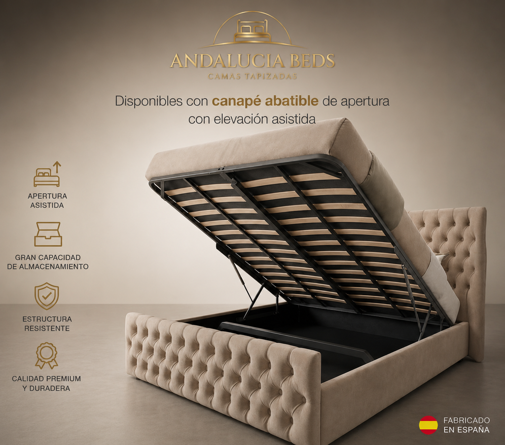Marbella Wing – Cama Tapizada Premium con Canapé Abatible | Andalucía Beds